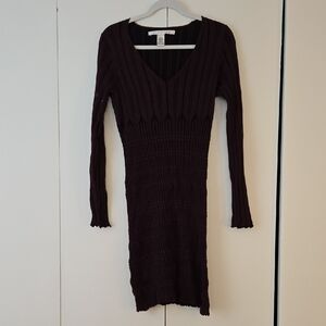 Max Studio Brown Ribbed V-Neck Long Sleeve Dress